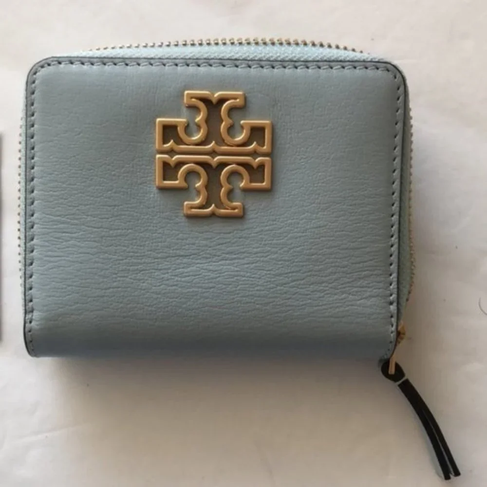 Tory Burch Britten Textured Leather Medium Blue Zip Around Wallet